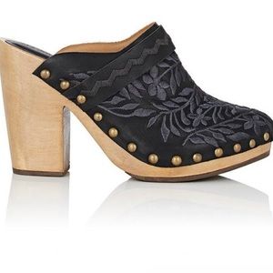 Ulla Johnson Black Embroidered Leather Clogs